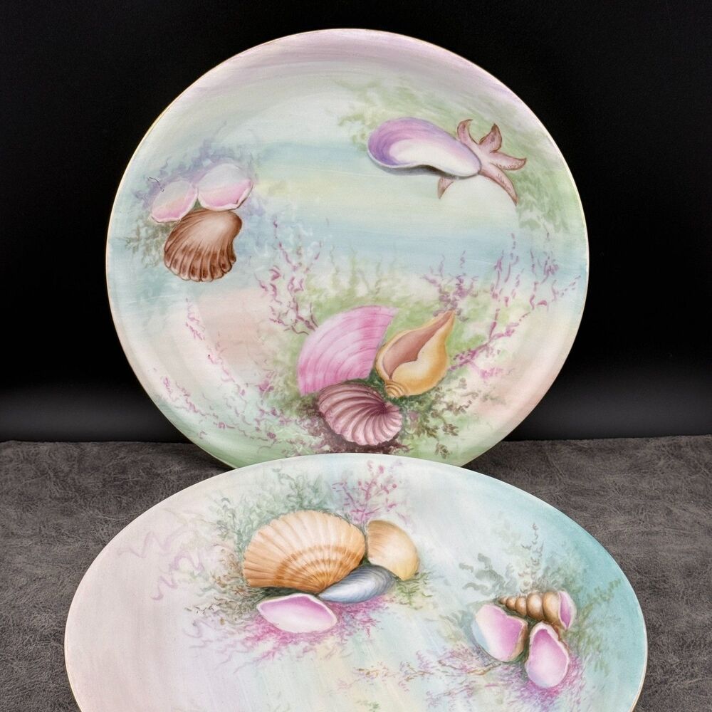 Set of Two 1913 Rosenthal Bavaria Plates Sea Shell Gold Rim Hand-painted 8" VTG